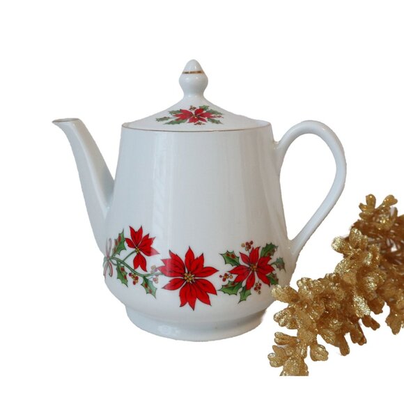 Vintage Christmas Poinsettia Teapot Gift Christmas Dining - Picture 1 of 6